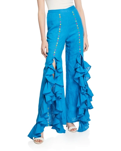 All Things Mochi Gaho Split Embroidered Rumba Ruffle Pants In Blue