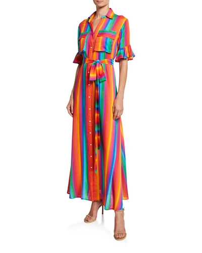 All Things Mochi Leilani Striped Button-front Short-sleeve Long Shirtdress In Multi Pattern