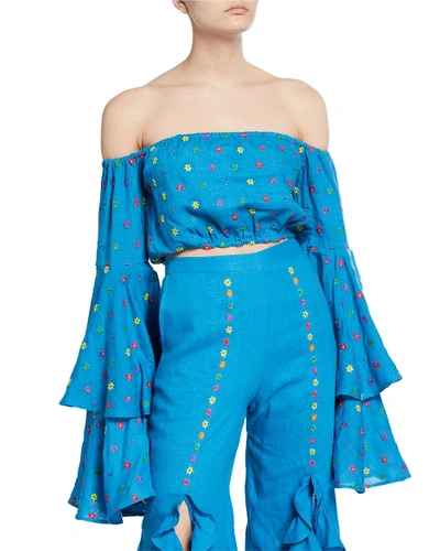 All Things Mochi Warli Embroidered Bell-sleeve Crop Top In Blue