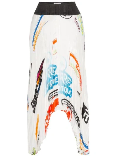 Marine Serre Logo-print Contrast-panel Pleated Satin Skirt In White