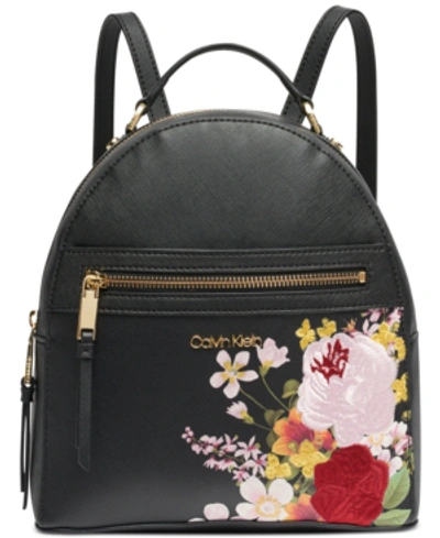 Calvin Klein Mercy Floral Leather Backpack In Black Floral/gold