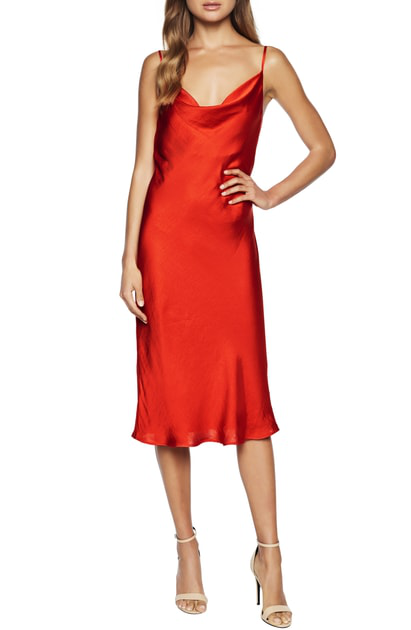 red satin bardot dress