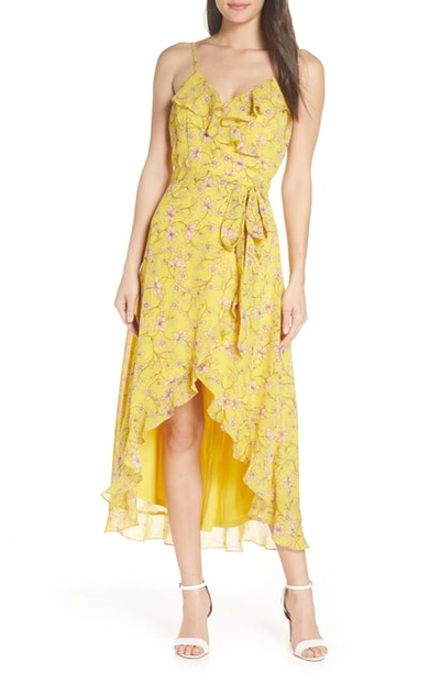 Avec Les Filles Floral High/low Wrap Midi Dress In Canary Yellow Multi