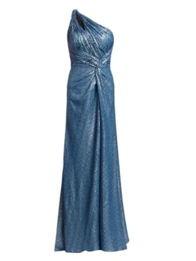 Rene Ruiz One-shoulder Sequin Mesh Gown In Slate Blue