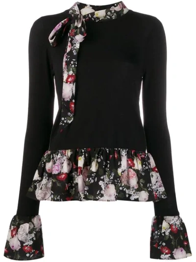 Erdem Thora Floral Trim Bell Cuff Sweater In Black Multi