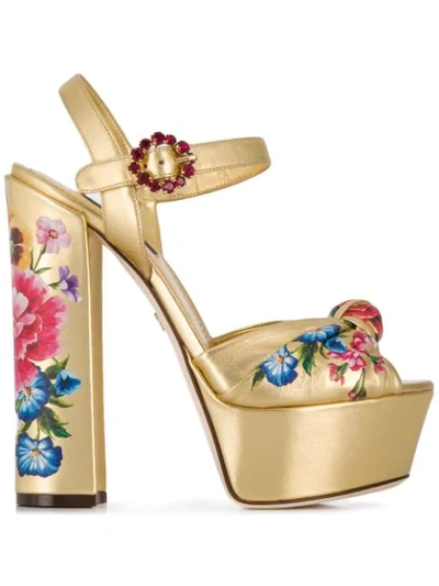 Dolce & Gabbana Knotted Crystal-embellished Floral-print Metallic Leather Platform Sandals In Gold
