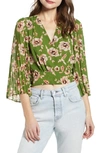 Astr Floral Pleated Sleeve Wrap Blouse In Green/ Taupe Floral