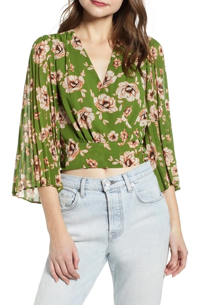Astr Floral Pleated Sleeve Wrap Blouse In Green/ Taupe Floral