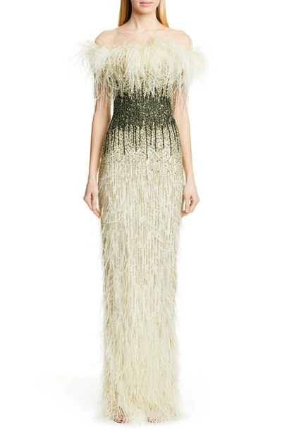 Pamella Roland Off The Shoulder Feather & Sequin Column Gown In Sage Multi