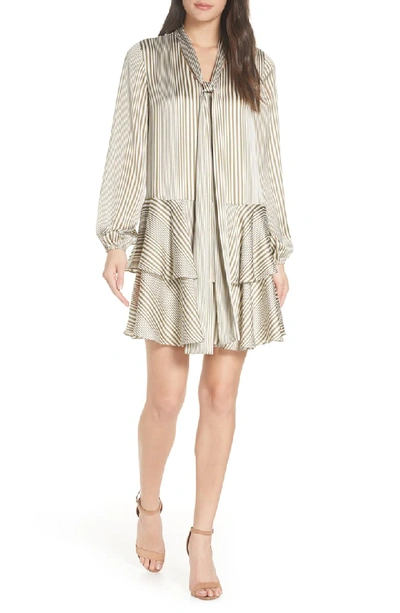 Avec Les Filles Stripe Long Sleeve Tie Neck Shift Dress In Olive/ Ivory