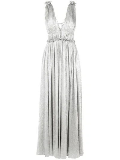 Jonathan Simkhai Plisse Metallic Plunging Maxi Dress In Silver