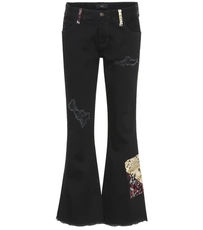 Alanui Flared Rip & Repair Jeans With Silk Insert In Black