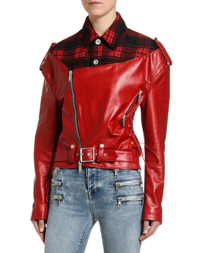 Ben Taverniti Unravel Project Flannel-collar Faux-leather Biker Jacket In Red