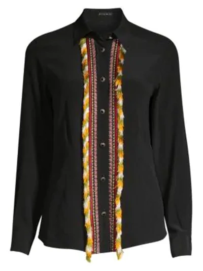 Etro Silk Crepe De Chine Fringed Placket Shirt In Black