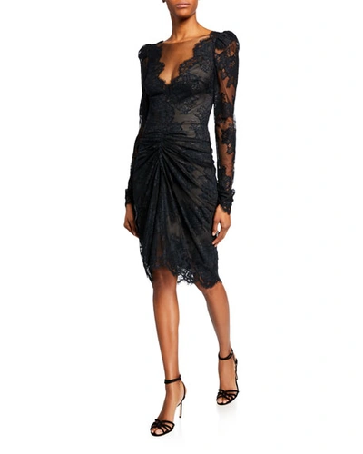 Monique Lhuillier Long-sleeve Corded Lace Cocktail Dress In Noir