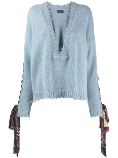 Alanui Cropped Cashmere Sweater With Silk Lacing In Blue