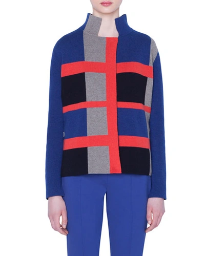 Akris Cashmere Double-face Checked Jacket In Blue Pattern