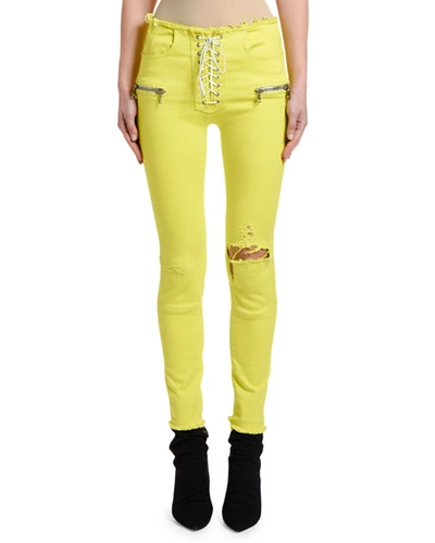 Ben Taverniti Unravel Project Overdyed Lace-up Skinny Jeans In Lime