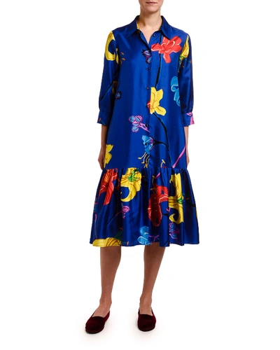 Double J Getting My Croissant Printed Silk Shirtdress In Blue Pattern