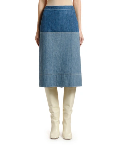 Marni Bicolor Denim Midi Skirt In Blue Pattern