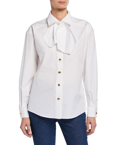 Escada Bow Neck Button-front Cotton Blouse In White