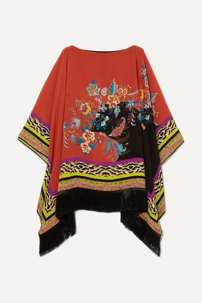 Etro Fringed Floral Fern Collage Poncho In Red
