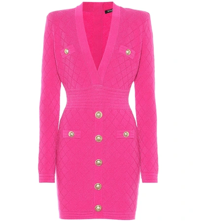 Balmain Button-trim Long-sleeve Fitted Mini Dress In Pink
