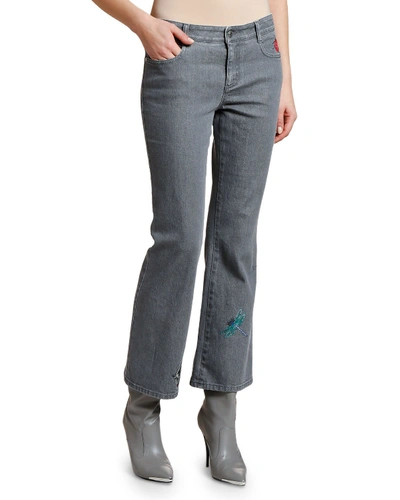 Stella Mccartney Insects Embroidered Cropped Flare Jeans In Gray