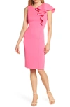 Eliza J Asymmetric Draped Ruffle Sheath Dress In Hot Pink