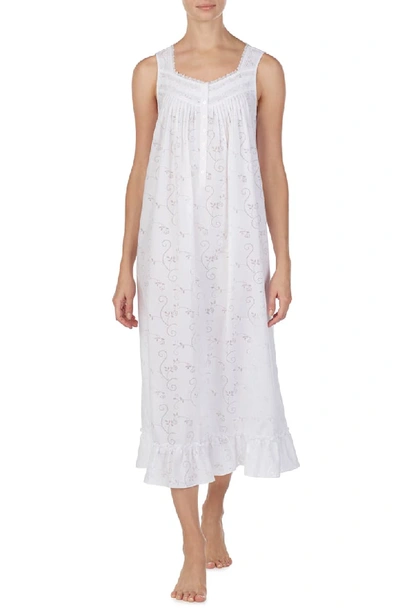 Eileen West Sleeveless Ballet Nightgown In Solid White Floral Burnout