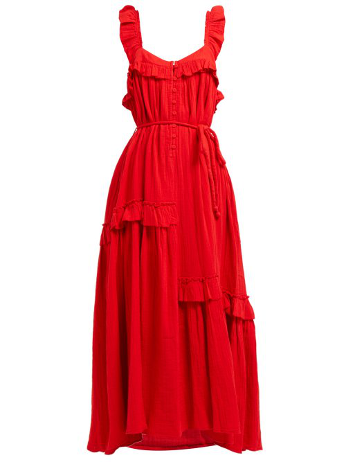 Apiece Apart Lypie Ruffled Cotton Maxi Dress In Red | ModeSens
