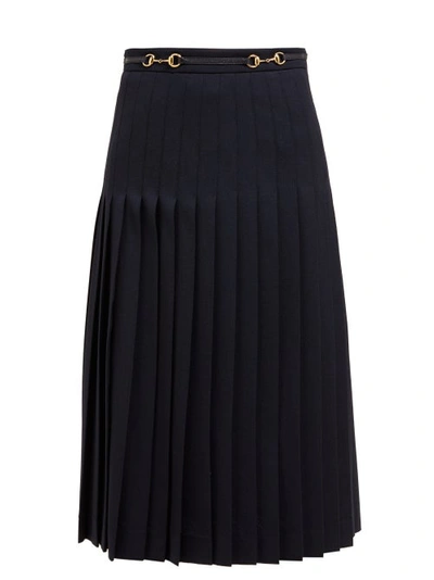 Gucci Horsebit-embellished Pleated Wool-blend Skirt In Navy