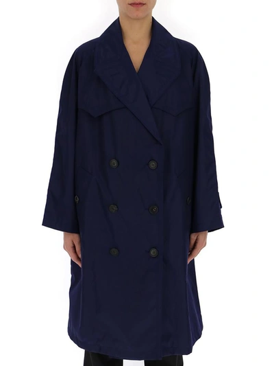 Prada Double Breasted Trench Coat In Blue