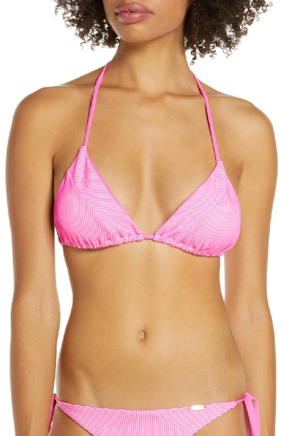 Luli Fama Textured Stripe Triangle Bikini Top In Barbie Pink