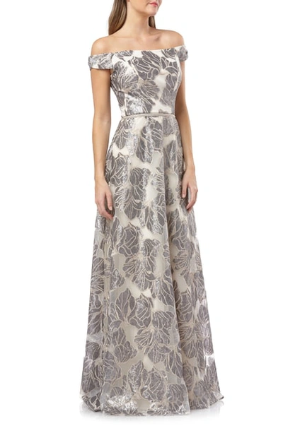 Carmen Marc Valvo Infusion Off The Shoulder Sequin Gown In Silver/ Champagne