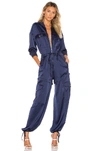 Kendall + Kylie Cargo Long Sleeve Convertible Satin Jumpsuit In Navy