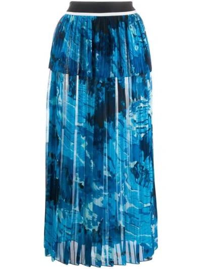 Victoria Victoria Beckham Pleated Printed Satin Crepe-paneled Chiffon Midi Skirt In Blue