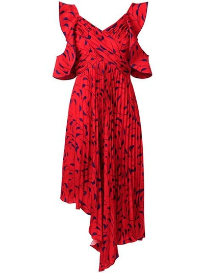 Self-portrait Asymmetric Printed Pleated Dress - Red