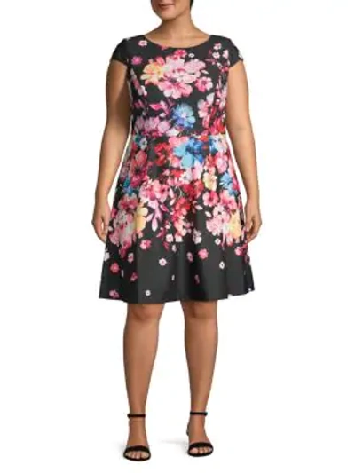 Adrianna Papell Plus Floral-print A-line Dress In Black Multi