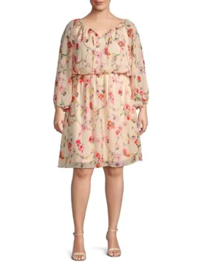 Adrianna Papell Plus Floral Long-sleeve Blouson Dress In Ivory