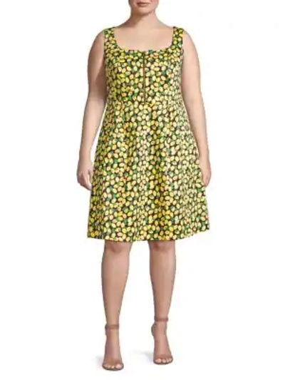 Adrianna Papell Plus Lemon-print Stretch-cotton A-line Dress In Yellow Multi