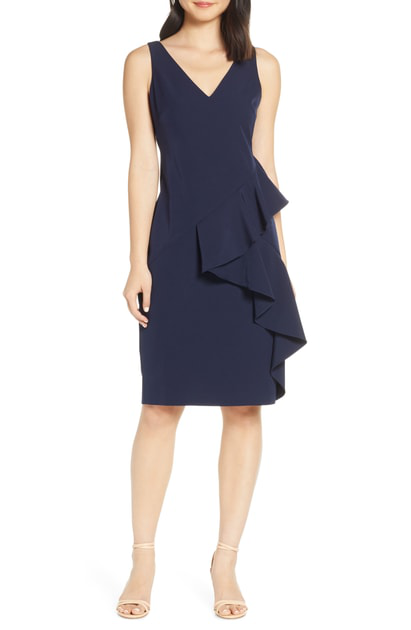 stretch ruffle crepe sheath dress eliza j