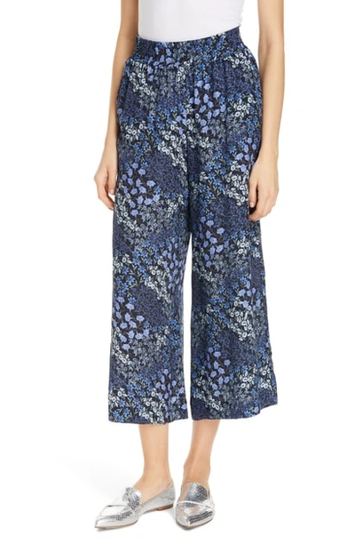 Rebecca Taylor Floral Wide Leg Crop Silk Pants In Navy Combo