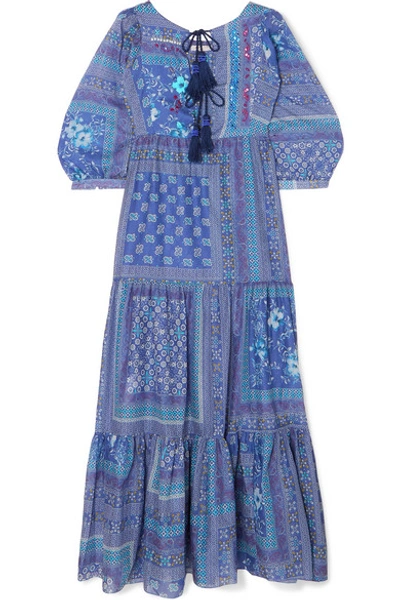 Anjuna Tasseled Sequined Printed Cotton Maxi Dress In Blue