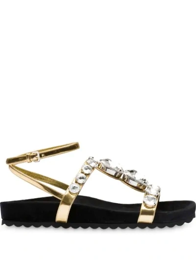 Miu Miu Crystal-embellished Metallic Leather Sandals In Gold