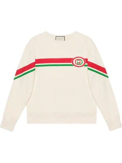 Gucci Interlocking-g Logo Stripe Cotton Sweatshirt In Weiss