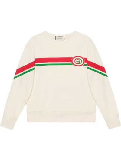 Gucci Interlocking-g Logo Stripe Cotton Sweatshirt In White