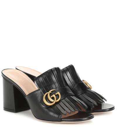 Gucci Leather Mid-heel Slide With Double G In Black Leather