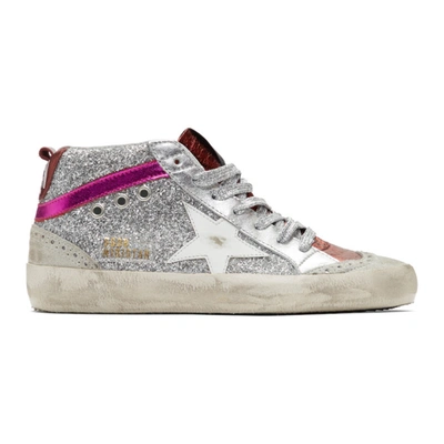 Golden Goose Mid Star Glittered Metallic Leather Sneakers In Silver