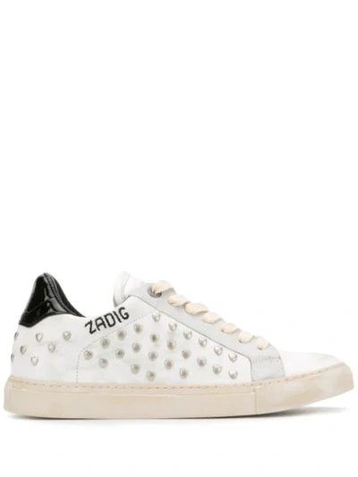Zadig & Voltaire Zv1747 Distressed Heart-studded Leather Sneaker In White